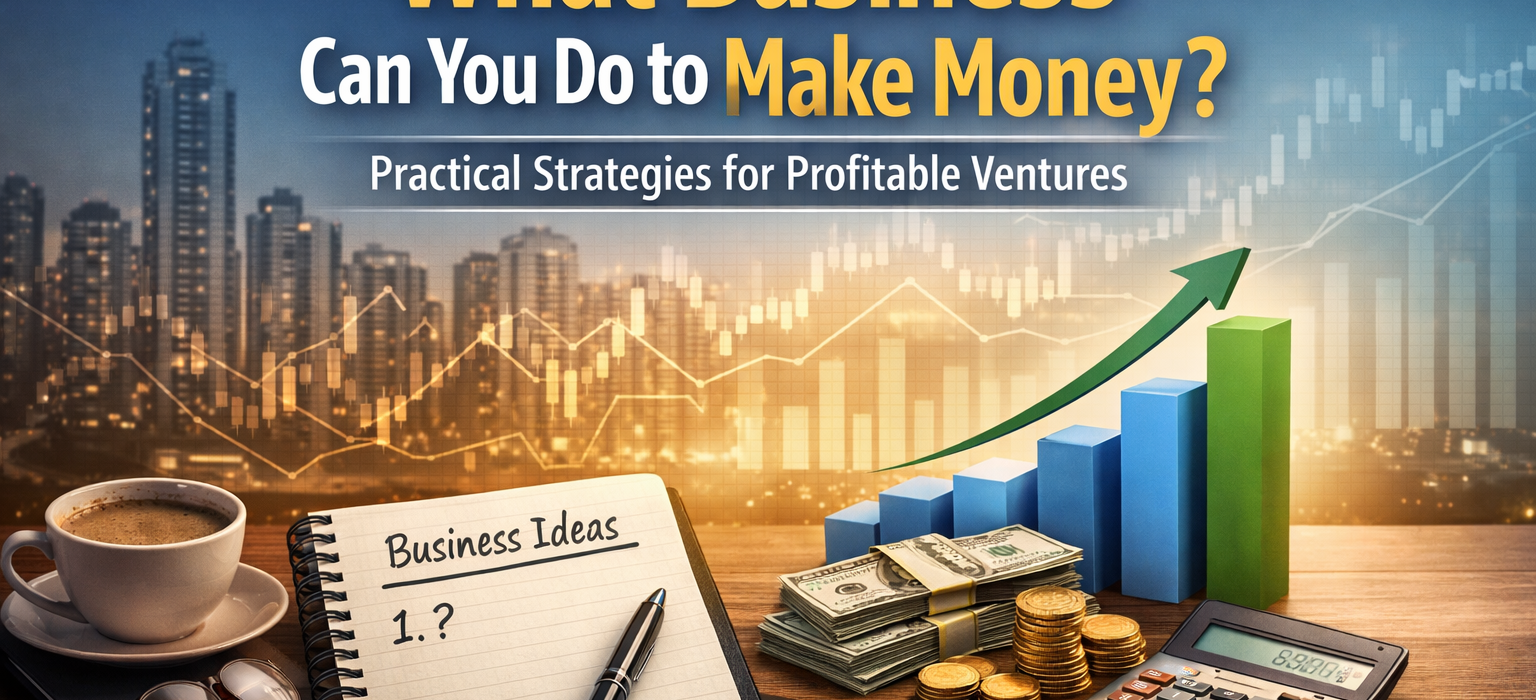 What business can you do to make money concept image showing business planning tools, financial growth charts, and profit symbols in a modern urban setting.