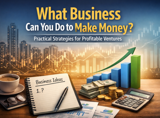 What business can you do to make money concept image showing business planning tools, financial growth charts, and profit symbols in a modern urban setting.