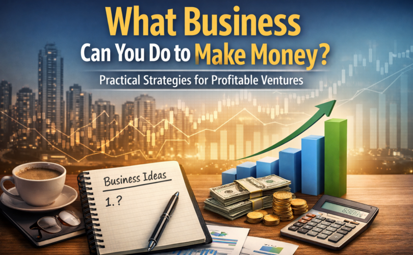 What business can you do to make money concept image showing business planning tools, financial growth charts, and profit symbols in a modern urban setting.